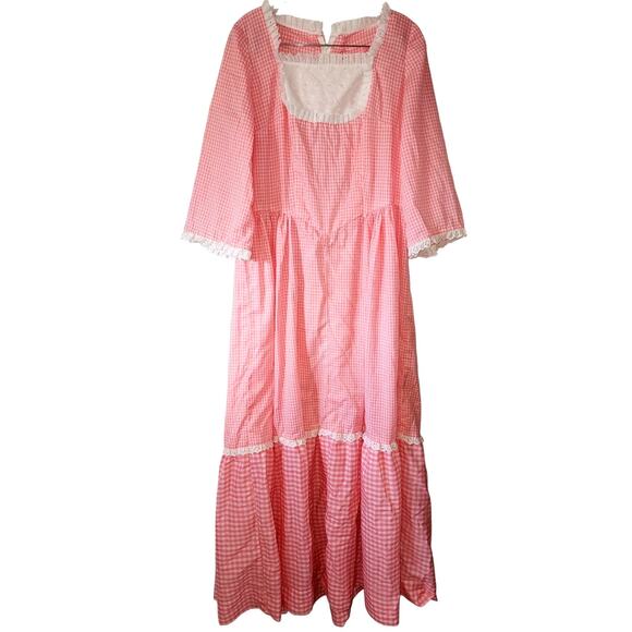 Vintage Dresses & Skirts - Vintage Handmade Pink Gingham Prairie Cottagecore Lace Maxi Dress L/XL